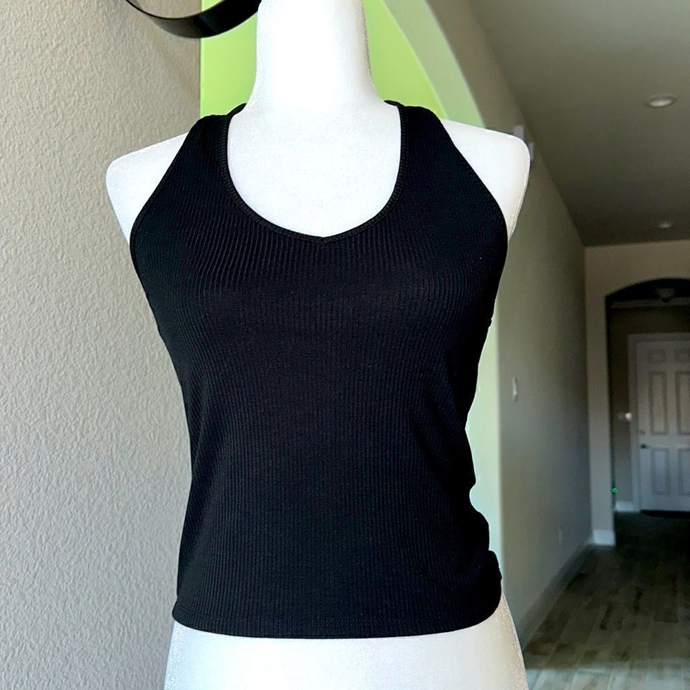 NWT American Eagle Halter Top Ribbed Black Fitted V Neck Open Back Sleeveless